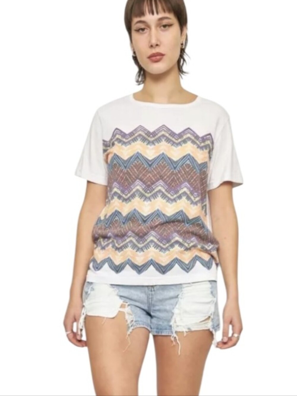 Missoni White Short Sleeve Tee Multicolor Chevron Print Boho Babe Cotton T-shirt